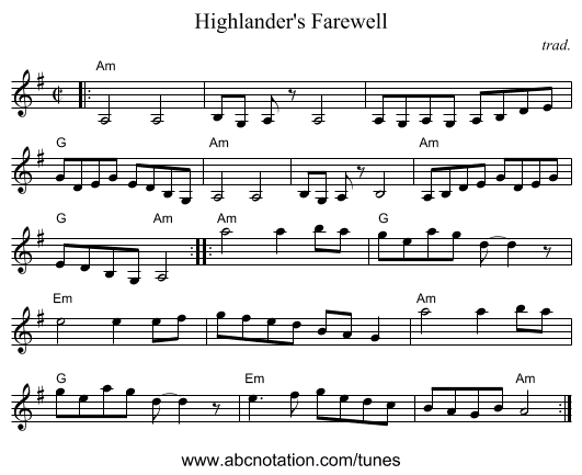 Highlander's Farewell - staff notation