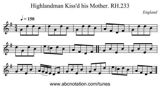 Highlandman Kiss'd his Mother. RH.233 - staff notation