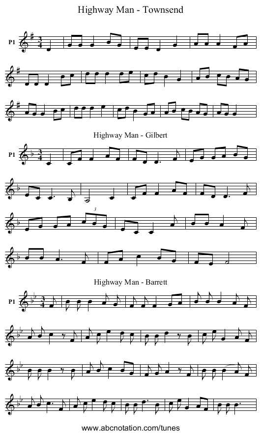 Highway Man - Townsend - staff notation