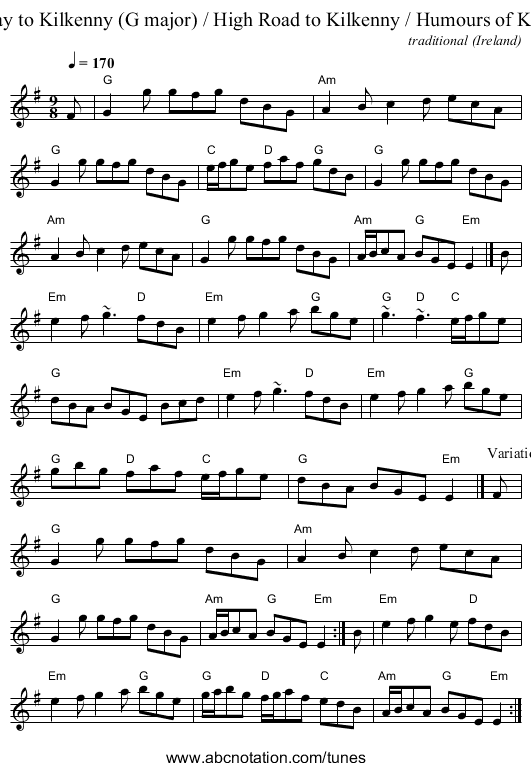 Highway to Kilkenny (G major) / High Road to Kilkenny / Humours of Kilkenny - staff notation