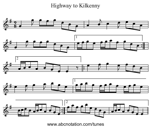 Highway to Kilkenny - staff notation