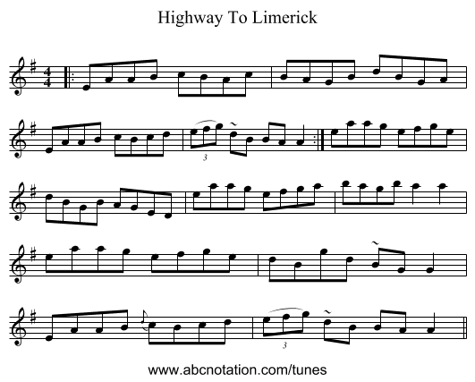 Highway To Limerick - staff notation