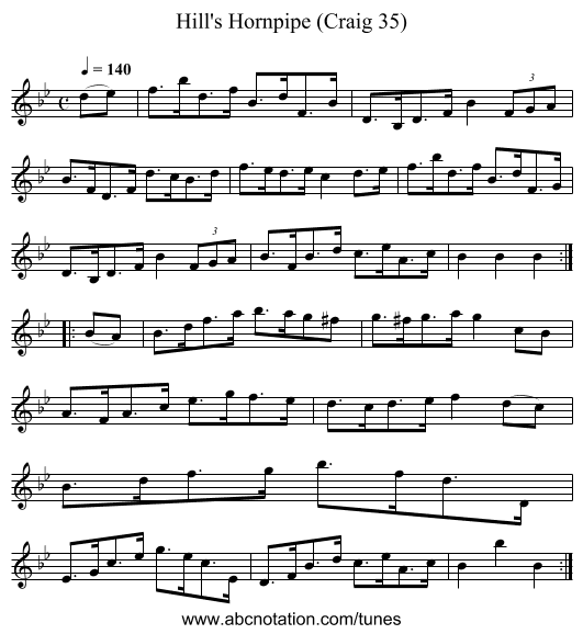 Hill's Hornpipe (Craig 35) - staff notation