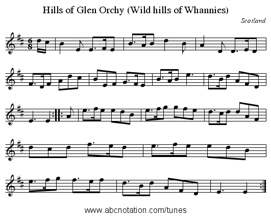 Hills of Glen Orchy (Wild hills of Whannies) - staff notation