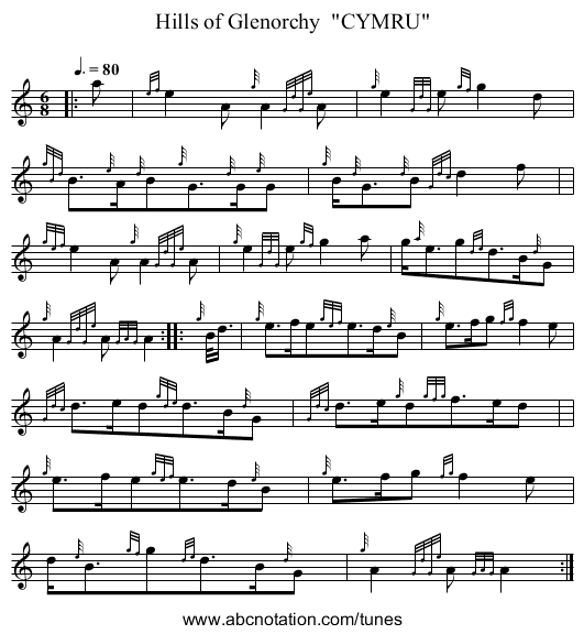 Hills of Glenorchy  CYMRU - staff notation