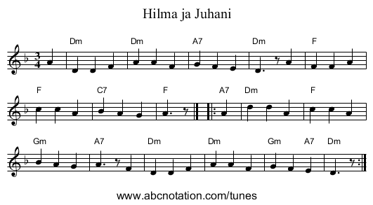 Hilma ja Juhani - staff notation