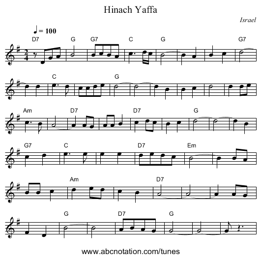 Hinach Yaffa - staff notation