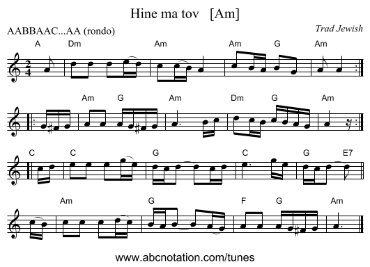 Hine ma tov   [Am] - staff notation