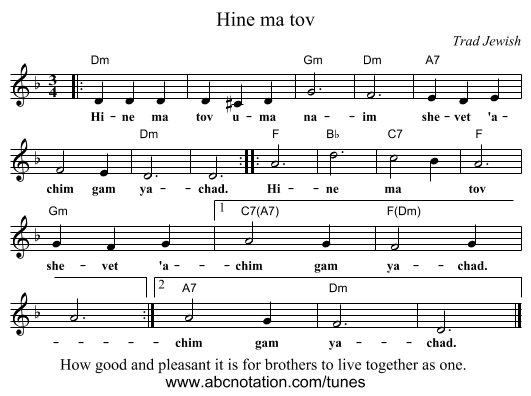 Hine ma tov - staff notation