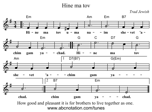 Hine ma tov - staff notation