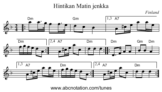 Hintikan Matin jenkka - staff notation