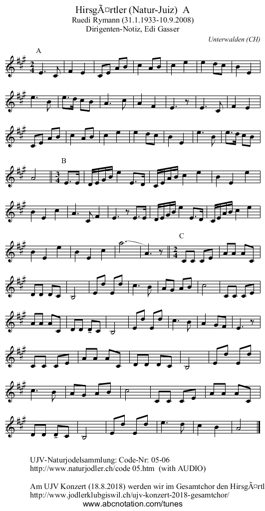 Hirsgärtler (Natur-Juiz) A - staff notation