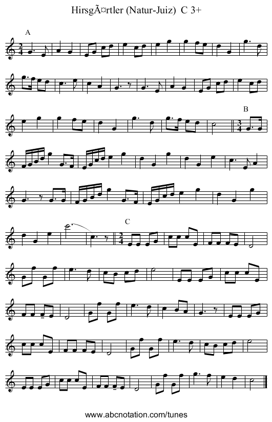 HirsgÃ¤rtler (Natur-Juiz)  C 3+ - staff notation