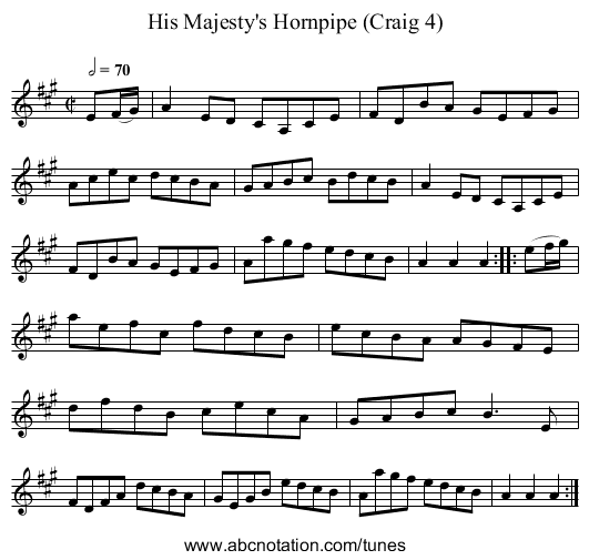 His Majesty's Hornpipe (Craig 4) - staff notation