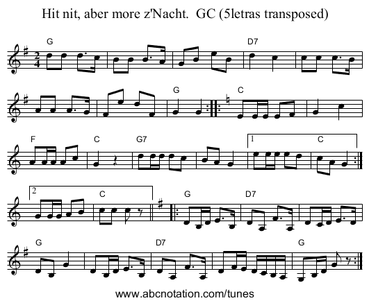 Hit nit, aber more z'Nacht.  GC (5letras transposed) - staff notation