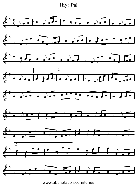 Hiya Pal - staff notation