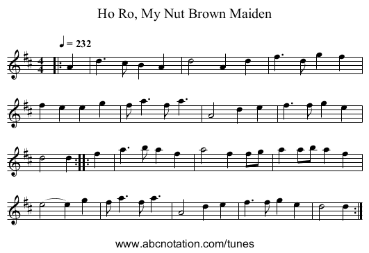 Ho Ro, My Nut Brown Maiden - staff notation