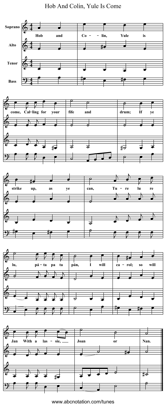 Hob And Colin, Yule Is Come - staff notation