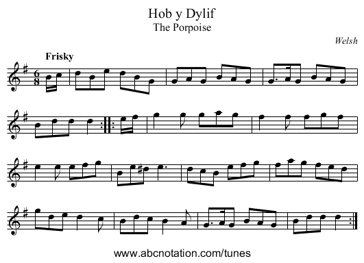 Hob y Dylif - staff notation