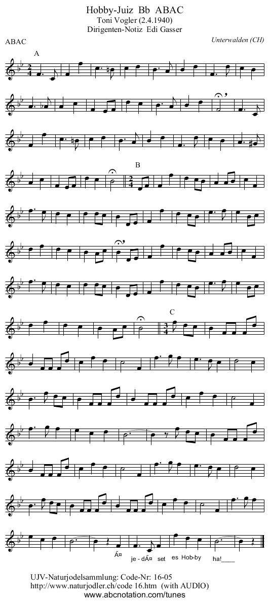 Hobby-Juiz  Bb  ABAC - staff notation
