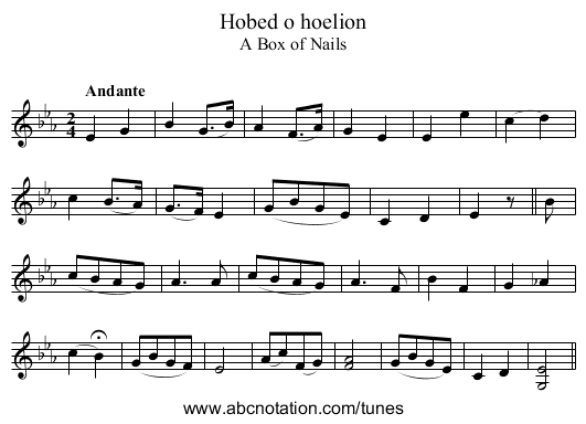 Hobed o hoelion - staff notation