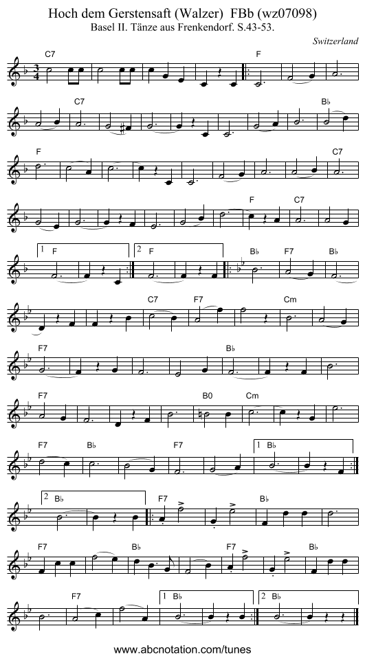 Hoch dem Gerstensaft (Walzer)  FBb (wz07098) - staff notation