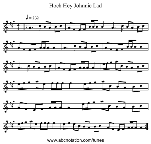 Hoch Hey Johnnie Lad - staff notation