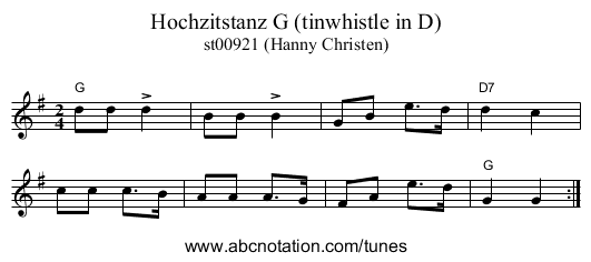 Hochzitstanz G (tinwhistle in D) - staff notation