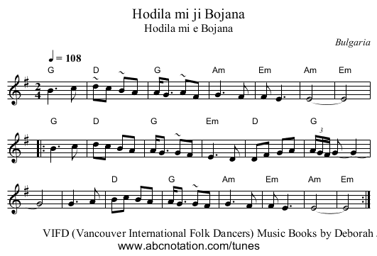 Hodila mi ji Bojana - staff notation