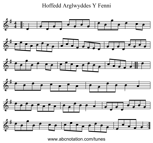 Hoffedd Arglwyddes Y Fenni - staff notation