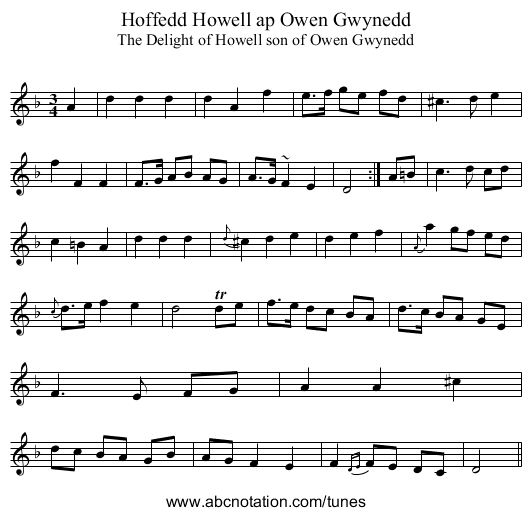 Hoffedd Howell ap Owen Gwynedd - staff notation
