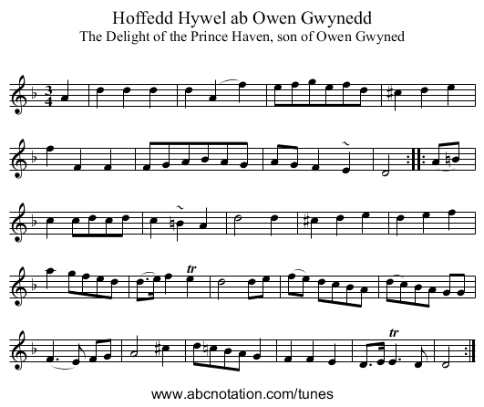 Hoffedd Hywel ab Owen Gwynedd - staff notation