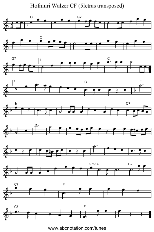 Hofmuri Walzer CF (5letras transposed) - staff notation