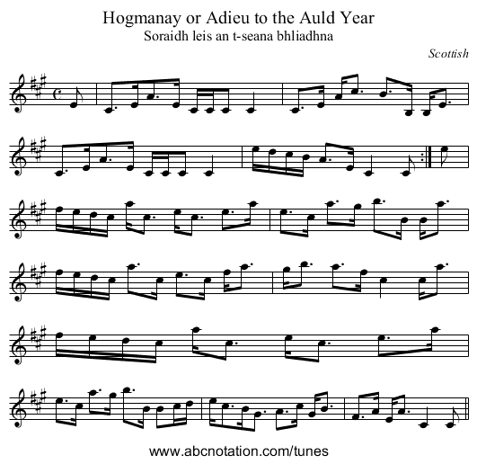 Hogmanay or Adieu to the Auld Year - staff notation