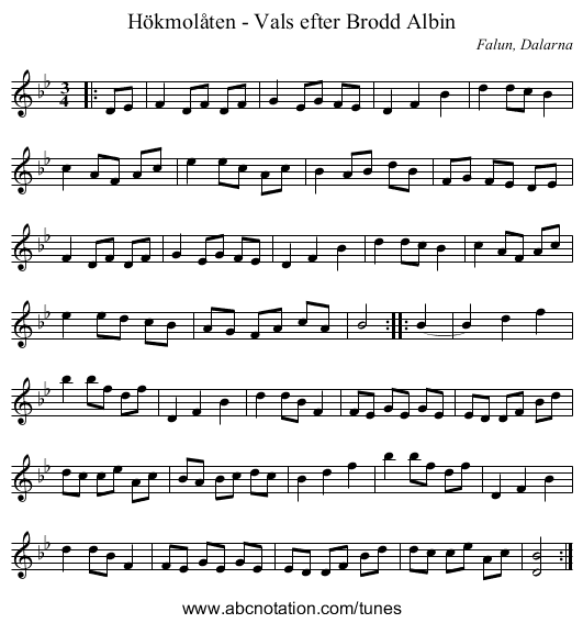 Hökmolåten - Vals efter Brodd Albin - staff notation