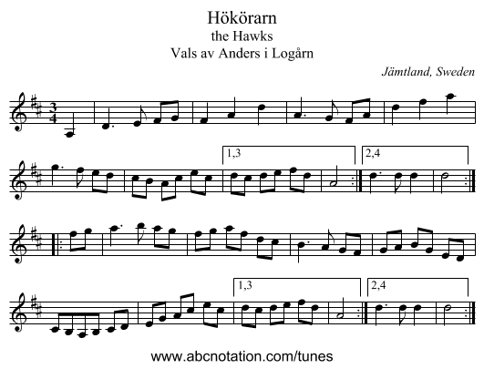H&ouml;k&ouml;rarn - staff notation