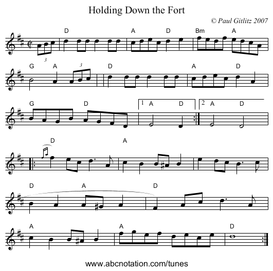 Holding Down the Fort - staff notation