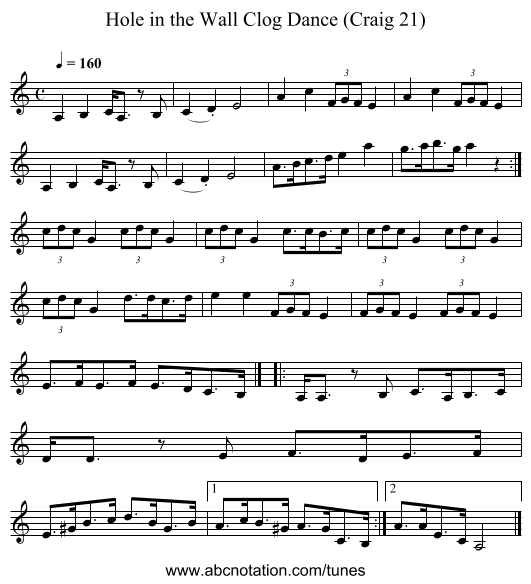 Hole in the Wall Clog Dance (Craig 21) - staff notation
