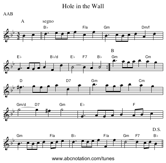 Hole in the Wall - staff notation