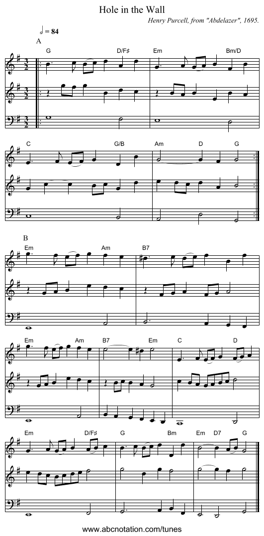 Hole in the Wall - staff notation