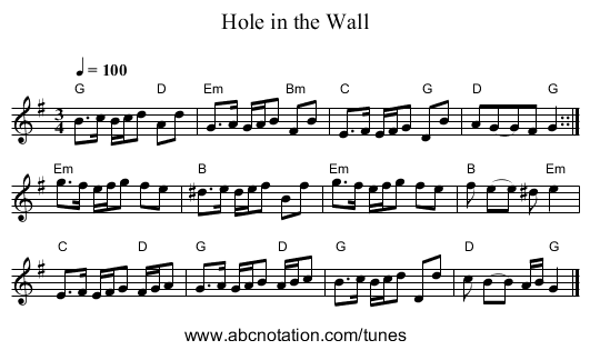 Hole in the Wall - staff notation