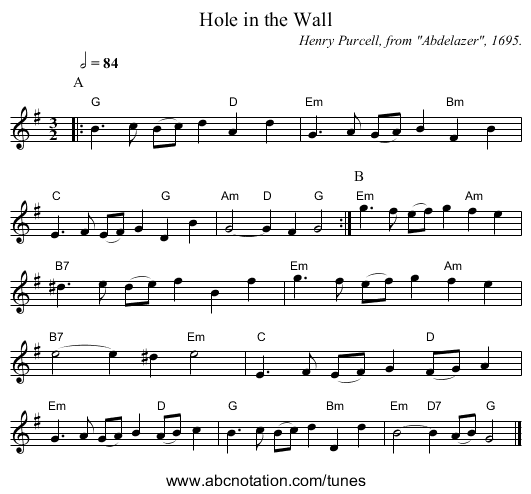 Hole in the Wall - staff notation