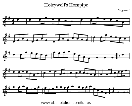 Holeywell's Hornpipe - staff notation