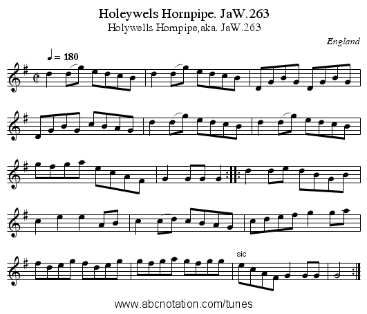 Holeywels Hornpipe. JaW.263 - staff notation