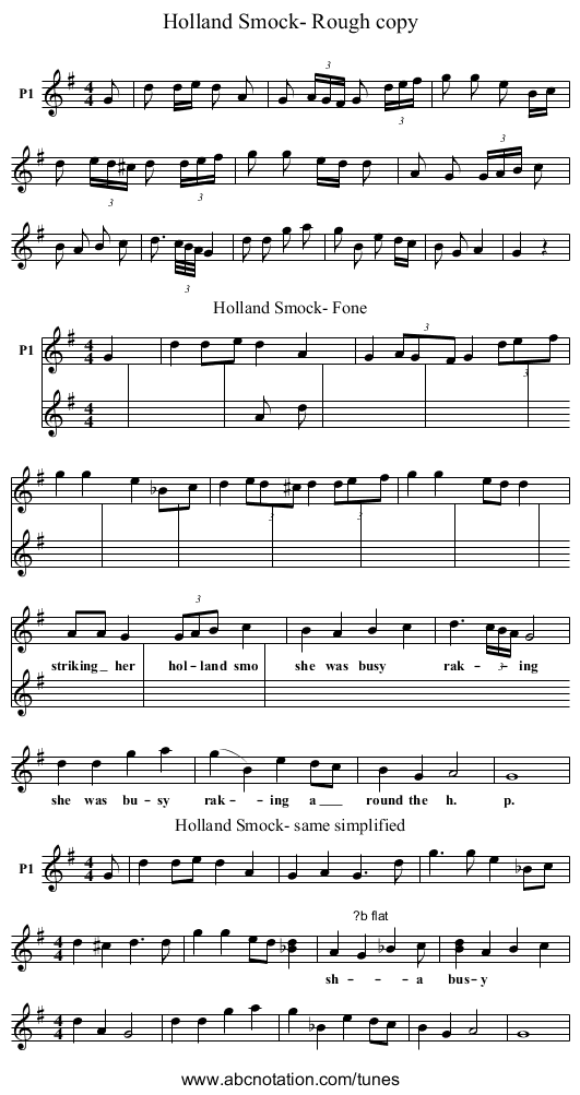 Holland Smock- Rough copy - staff notation