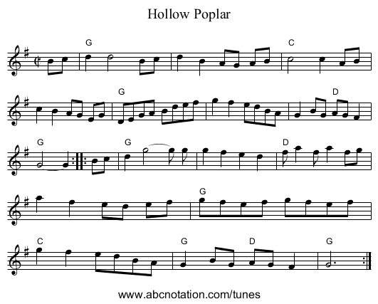 Hollow Poplar - staff notation