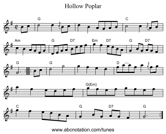 Hollow Poplar - staff notation