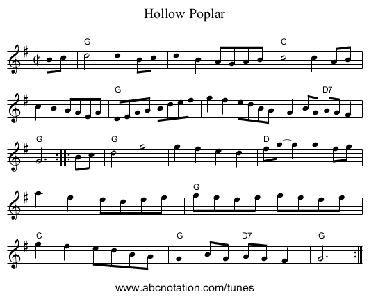 Hollow Poplar - staff notation
