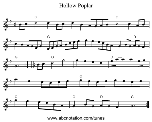 Hollow Poplar - staff notation