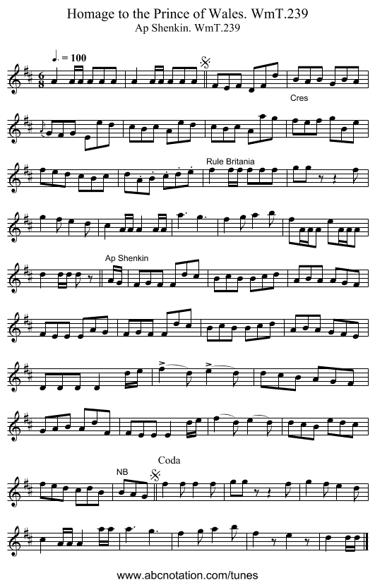 Homage to the Prince of Wales. WmT.239 - staff notation